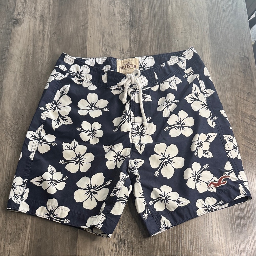 Hollister Navy Floral Board Shorts with White Hibiscus Print